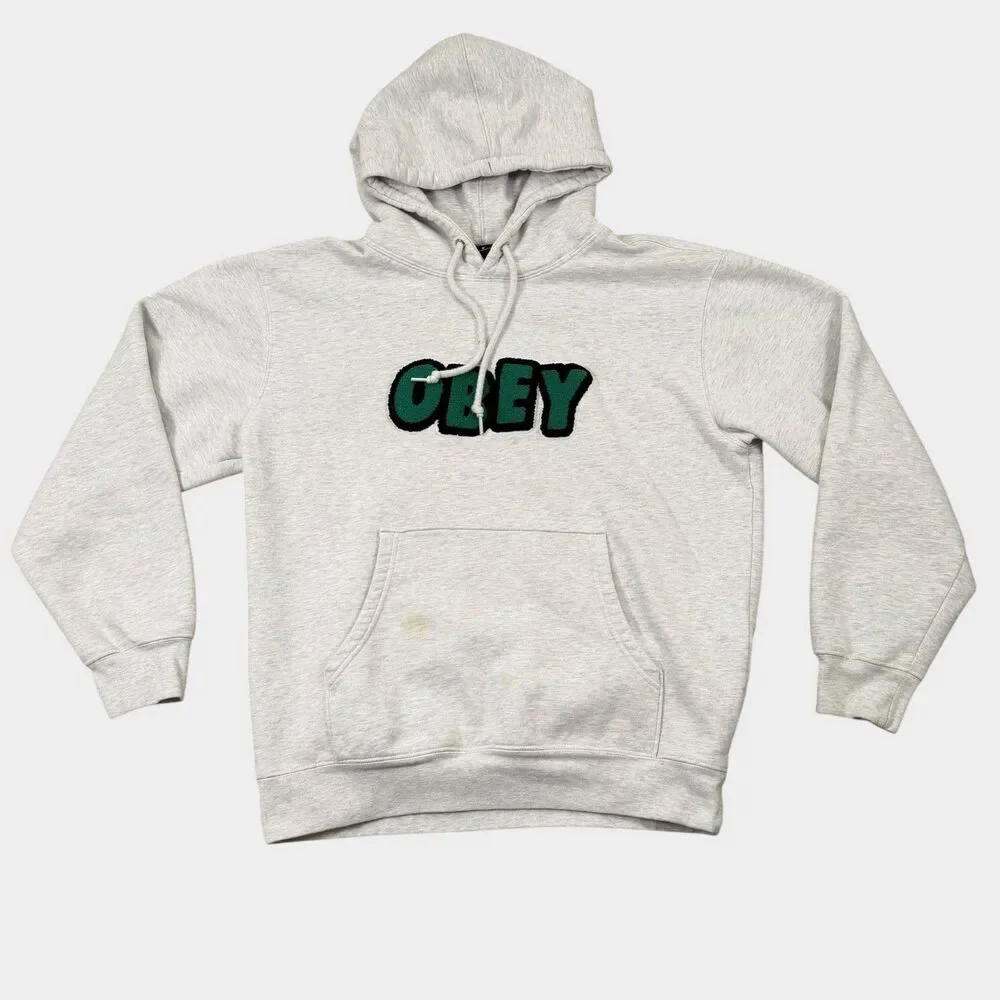 OBEY Worldwide Hoodie Mens Medium Heather Grey Green Chenille Patch Logo